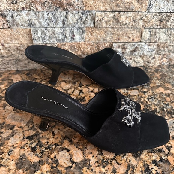 Tory Burch Women's Eleanor Black Pavé Kitten Heel Sandals - Picture 2 of 9